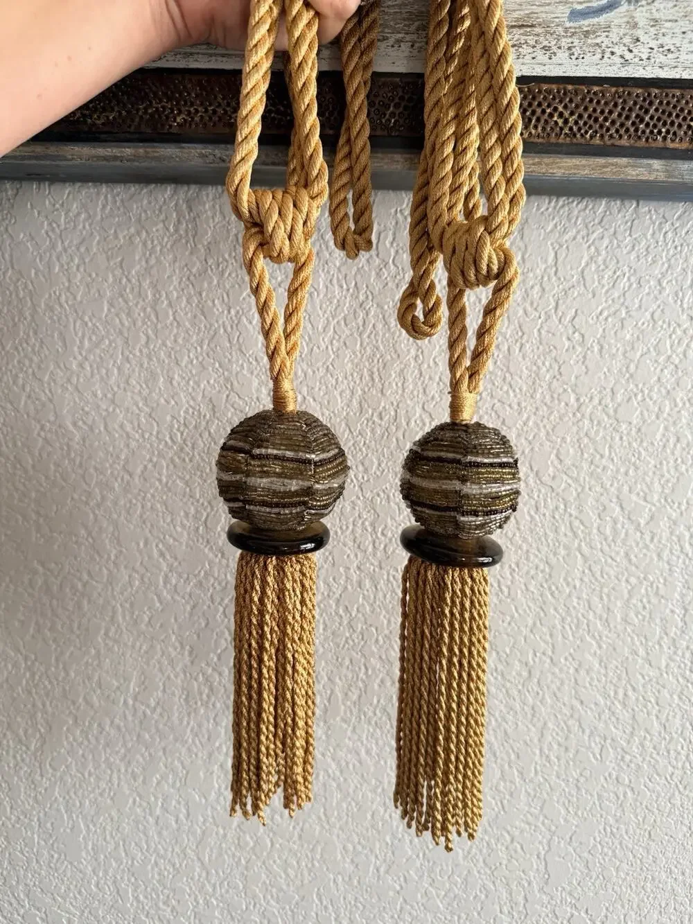 Gold Beaded Tassel Curtain Tie Back Pair of 2 Vintage